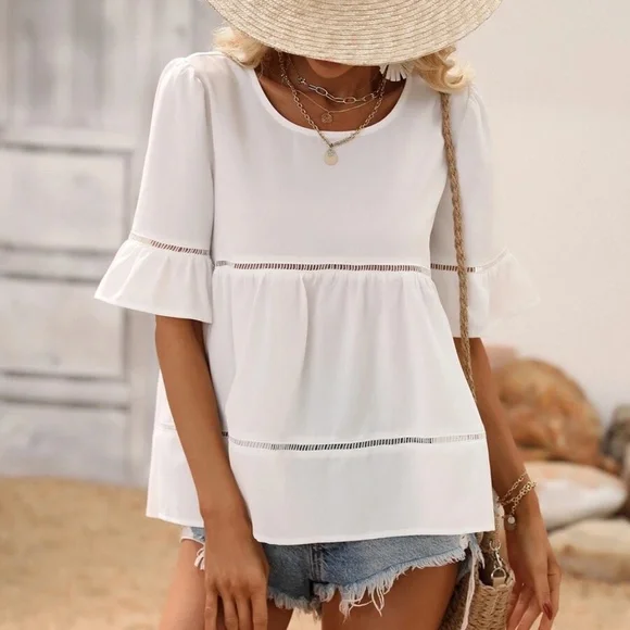 White Lace Detail Ruffle Sleeve Blouse - Picture 3 of 5